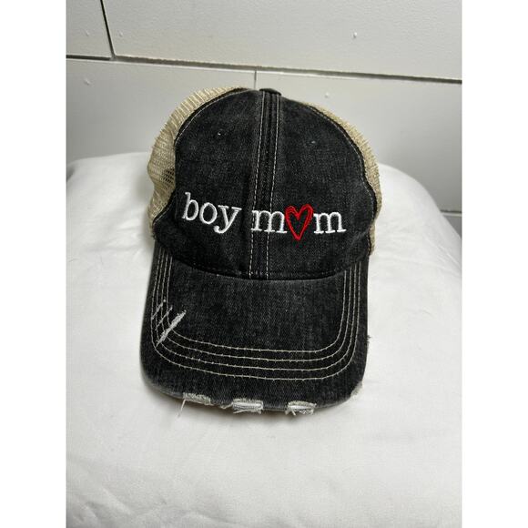 Womans Distressed Look - BOY MOM - Trucker Style Baseball Hat - Picture 2 of 11